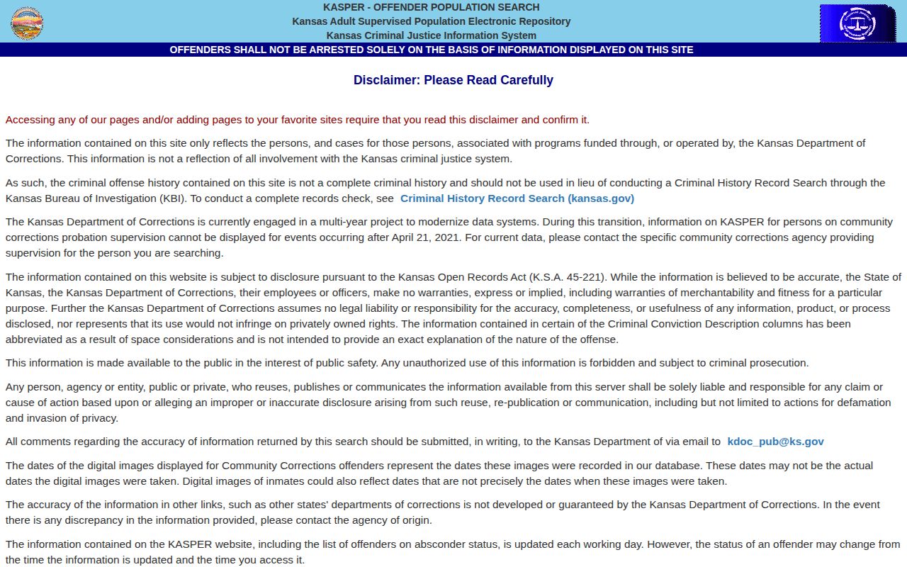 Kansas KASPER offender search form with name and KDOC number fields