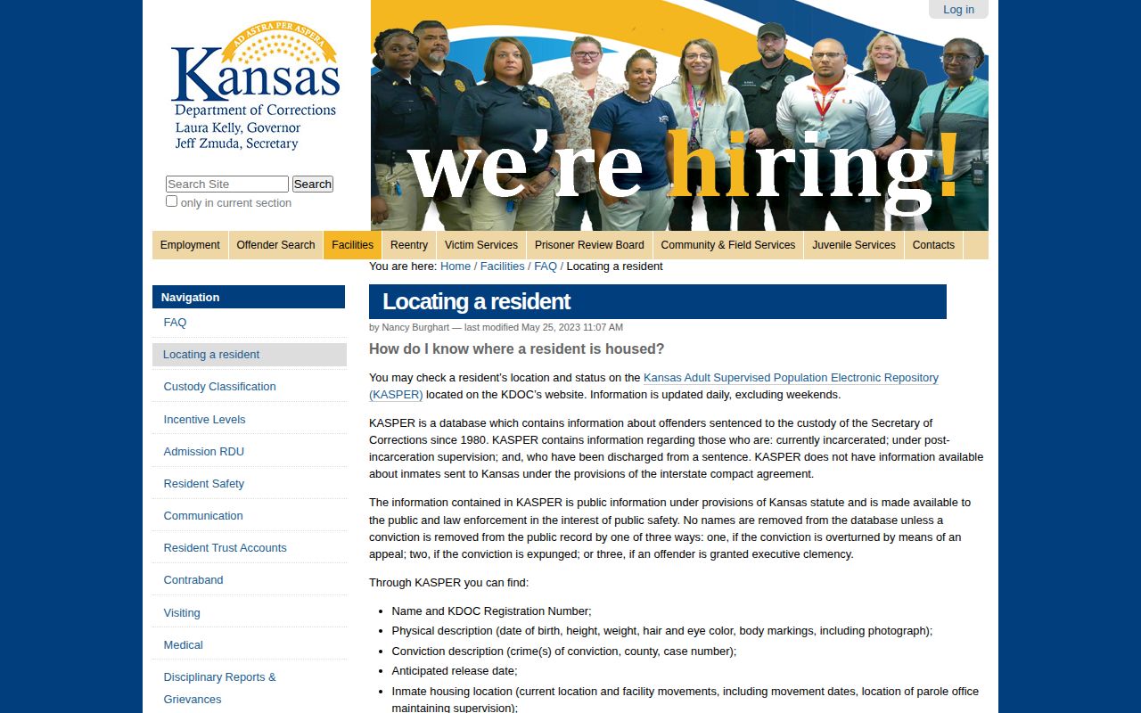 Kansas Department of Corrections KASPER coverage and anticipated release date information